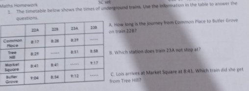 Maths Homęwork SC set 
1. The timetable below shows the times of underground trains. Use the information in the table to answer the 
w long is the journey from Common Place to Butler Grove 
ain 228? 
hich station does train 23A not stop at? 
ois arrives at Market Square at 8:41 t. Which train did she get 
Tree Hill?