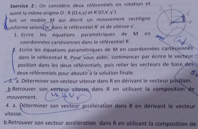 On considère deux référentiels en rotation et 
ayant la même origine O beginarrayr 4 1endarray R(O,x,y) et R'(O,x',y'). 
Soit un mobile M qui décrit un mouvement rectiligne 
uniforme selonOx' dans le référentiel R' et de vitesse V', 
1. Ecrire les équations paramétriques de M en 
coordonnées cartésiennes dans le référentiel R'. 
2. Ecrire les équations paramétriques de M en coordonnées cartésiennes 
dans le référentiel R. Pour vous aider, commencer par écrire le vecteur 
position dans les deux référentiels, puis relier les vecteurs de base des 
deux référentiels pour aboutir à la solution finale. 
3. a. Déterminer son vecteur vitesse dans R en dérivant le vecteur position. 
b.Retrouver son vecteur vitesse dans R en utilisant la composition de 
mouvement. 
4. a. Déterminer son vecteur accélération dans R en dérivant le vecteur 
vitesse. 
b.Retrouver son vecteur accélération dans R en utilisant la composition de