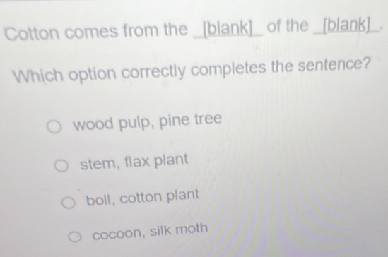 Cotton comes from the _[blank]_ of the _[blank]_.
Which option correctly completes the sentence?
wood pulp, pine tree
stem, flax plant
boll, cotton plant
cocoon, silk moth