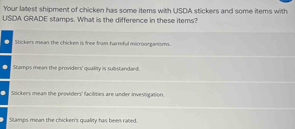 Solved: Your latest shipment of chicken has some items with USDA ...