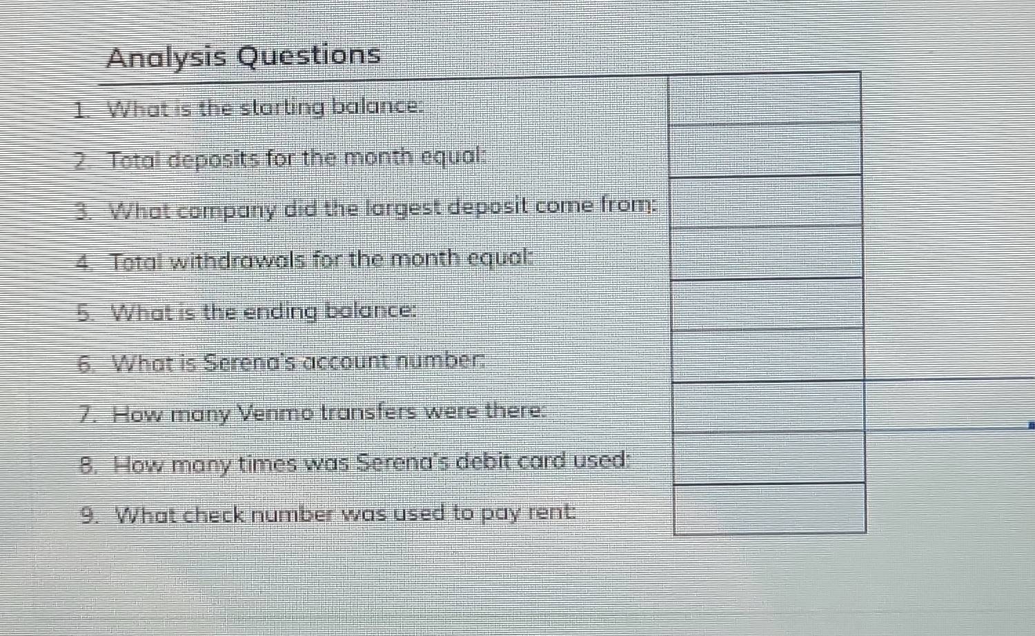 Analysis Questions 
1. What is the starting balance: 
2. Total deposits for the month equal: 
3. What company did the largest deposit come from: 
4. Total withdrawals for the month equal: 
5. What is the ending balance: 
6. What is Serena's account number: 
7. How many Venmo transfers were there: 
8. How many times was Serena's debit card used: 
9. What check number was used to pay rent: