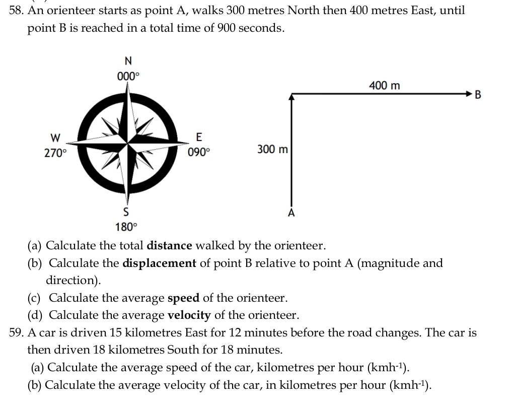 An orienteer starts as point A, walks 300 metres North then 400 metres East, until 
point B is reached in a total time of 900 seconds.
N
000°
W
E
270°
090°
S
180°
(a) Calculate the total distance walked by the orienteer. 
(b) Calculate the displacement of point B relative to point A (magnitude and 
direction). 
(c) Calculate the average speed of the orienteer. 
(d) Calculate the average velocity of the orienteer. 
59. A car is driven 15 kilometres East for 12 minutes before the road changes. The car is 
then driven 18 kilometres South for 18 minutes. 
(a) Calculate the average speed of the car, kilometres per hour (kmh^(-1)). 
(b) Calculate the average velocity of the car, in kilometres per hour (kmh^(-1)).