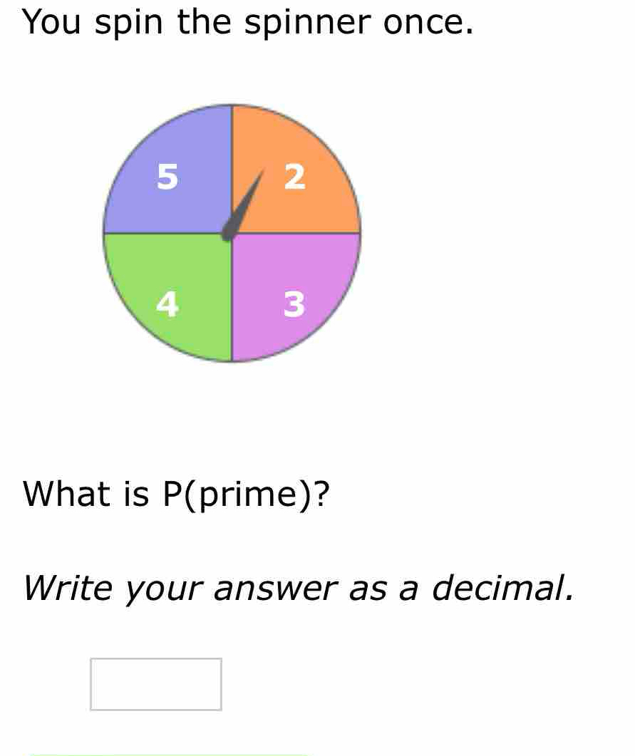 You spin the spinner once. 
What is P (prime)? 
Write your answer as a decimal.