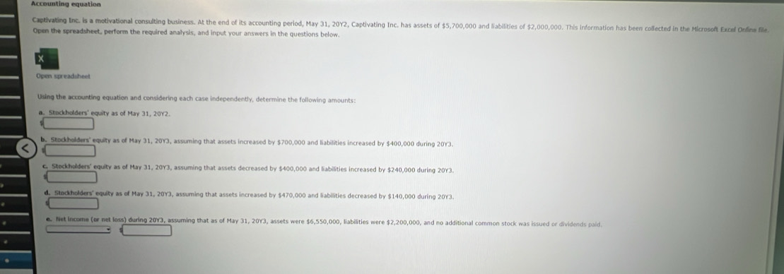 Accounting equation
Captivating Inc. is a motivational consulting business. At the end of its accounting period, May 31, 20Y2, Captivating Inc. has assets of $5,700,000 and liabilities of $2,000,000. This information has been collected in the Microsoft Excel Onfina file
Open the spreadsheet, perform the required analysis, and input your answers in the questions below.
Open spreadsheet
Using the accounting equation and considering each case independently, determine the following amounts:
a. Stockholders' equity as of May 31, 20Y2.
b. Stockholders' equity as of May 31, 20Y3, assuming that assets increased by $700,000 and liabilities increased by $400,000 during 20Y3.
c. Stockholders' equity as of May 31, 20Y3, assuming that assets decreased by $400,000 and liabilities increased by $240,000 during 20Y3.
d. Stockholders' equity as of May 31, 20Y3, assuming that assets increased by $470,000 and liabilities decreased by $140,000 during 20Y3.
e. Net Income (or net loss) during 20Y3, assuming that as of May 31, 20Y3, assets were $6,550,000, liabilities were $2,200,000, and no additional common stock was issued or dividends paid.