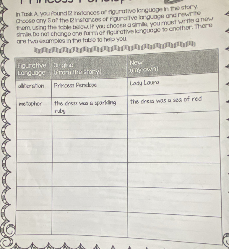 In Task A, you found 12 instances of figurative language in the story. 
Choose any 5 of the 12 instances of figurative language and rewrite 
them, using the table below. If you choose a simile, you must write a new 
simile. Do not change one form of figurative language to another. There 
are two examples in the table to help you.