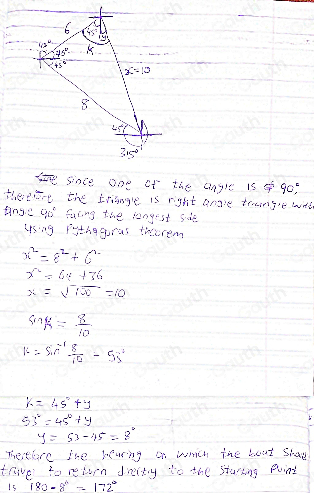 Solved: A boat travels 8Km on a beaving of 315° and then a furier bum ...