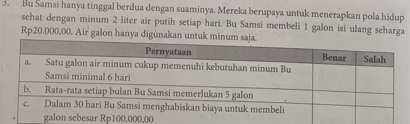 Bu Samsi hanya tinggal berdua dengan suaminya. Mereka berupaya untuk menerapkan pola hidup 
sehat dengan minum 2 liter air putih setiap hari. Bu Samsi membeli 1 galon isi ulang seharga
Rp20.000,00. Air galon hanya digunakan untuk mi