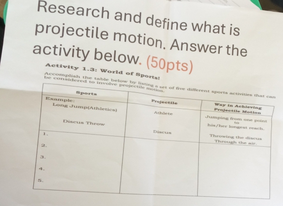 Research and define what is 
projectile motion. Answer the 
activity below. (50pts) 
Activity 1.3: World of Sports! 
be c 
Accomplish the ta