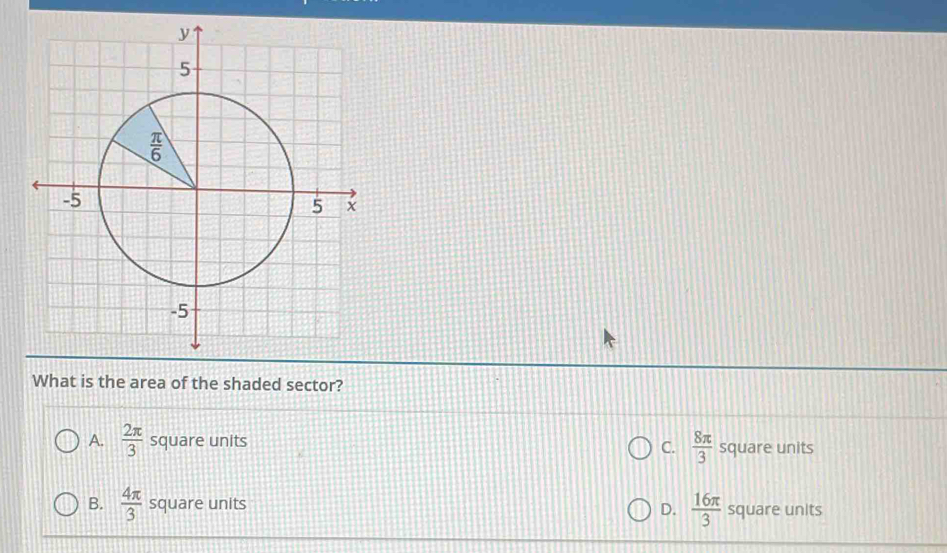 What is the area of the shaded sector?
A.  2π /3  square units C.  8π /3  square units
D.  16π /3 
B.  4π /3  square units square units