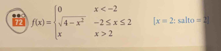 72 f(x)=beginarrayl 0x 2endarray. [x=2: ^·  salto =2]