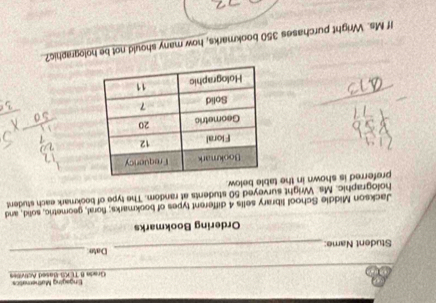 Grada B TEKS-Based Actinles Engaging Matheratics 
Student Name: _Date_ 
Ordering Bookmarks 
Jackson Middle School library sells 4 different types of bookmarks; floral, geometric, solid, and 
holographic. Ms Wright surveyed 50 students at random. The type of bookmark each student 
preferred is shown in the table below. 
If Ms. Wright purchases 350 bookmarks, how many should not be holographic?