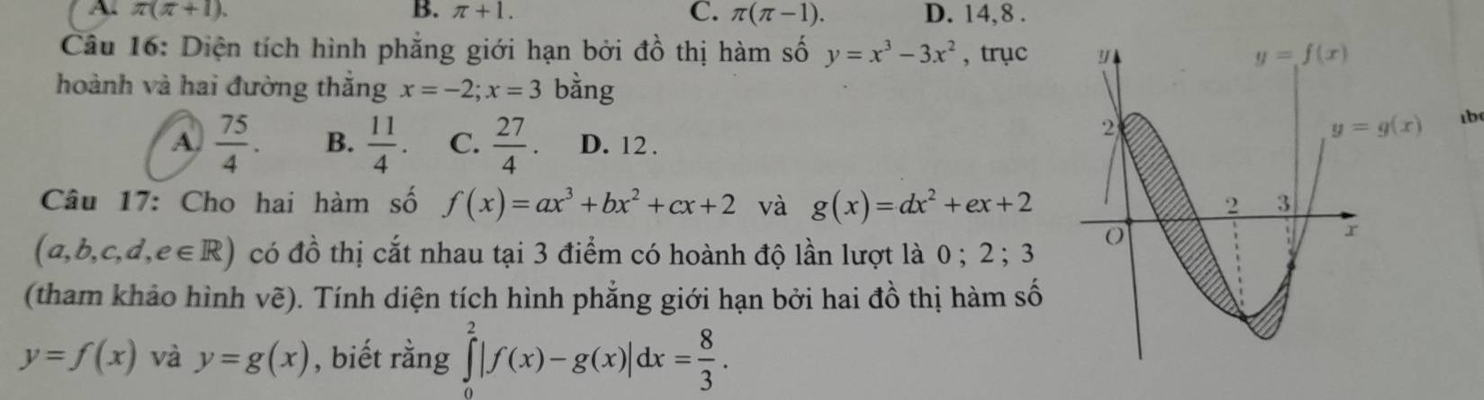 A. π (π +1). B. π +1. C. π (π -1). D. 14,8 .
Câu 16: Diện tích hình phẳng giới hạn bởi đồ thị hàm số y=x^3-3x^2 , trục
hoành và hai đường thắng x=-2;x=3 bằng
A.  75/4 . B.  11/4 . C.  27/4 . D. 12 .
b
Câu 17: Cho hai hàm số f(x)=ax^3+bx^2+cx+2 và g(x)=dx^2+ex+2
(a,b,c,d,e∈ R) có đồ thị cắt nhau tại 3 điểm có hoành độ lần lượt là 0 ; 2 ;3
(tham khảo hình vẽ). Tính diện tích hình phẳng giới hạn bởi hai đồ thị hàm số
y=f(x) và y=g(x) , biết rằng ∈tlimits _0^(2|f(x)-g(x)|dx=frac 8)3.