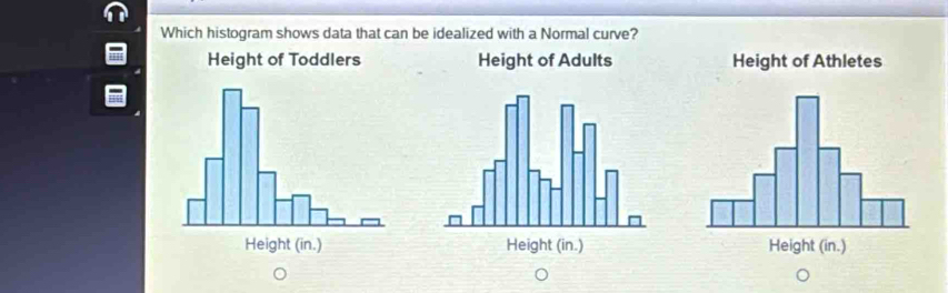 Which histogram shows data that can be idealized with a Normal curve? 
Height of Adults 

^