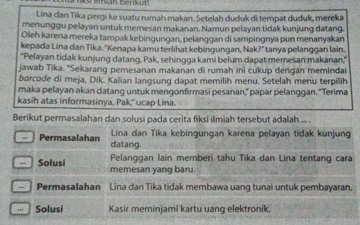 lksi limian berikut!
Lina dan Tika pergi ke suatu rumah makan. Setelah duduk di tempat duduk, mereka
menunggu pelayan untuk memesan makanan. Namun pelayan tidak kunjung datang.
Oleh karena mereka tampak kebingungan, pelanggan di sampingnya pun menanyakan
kepada Lina dan Tika. “Kenapa kamu terlihat kebingungan, Nak?” tanya pelanggan lain.
“Pelayan tidak kunjung datang, Pak, sehingga kami belum dapat memesan makanan””
jawab Tika. “Sekarang pemesanan makanan di rumah ini cukup dengan memindai
barcode di meja, Dik. Kalian langsung dapat memilih menu. Setelah menu terpilih
maka pelayan akan datang untuk mengonfirmasi pesanan,” papar pelanggan. “Terima
kasih atas informasinya, Pak,” ucap Lina.
Berikut permasalahan dan solusi pada cerita fiksi ilmiah tersebut adalah ... .
Lina dan Tika kebingungan karena pelayan tidak kunjung
Permasalahan datang.
.. Solusi
Pelanggan lain memberi tahu Tika dan Lina tentang cara
memesan yang baru.
Permasalahan Lina dan Tika tidak membawa uang tunai untuk pembayaran.
Solusi Kasir meminjami kartu uang elektronik.