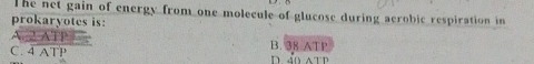 The net gain of energy from one molecule of glucose during acrobic respiration in
prokaryotes is:
A. 2 ATP
C. 4 ATP B. 38 ATP