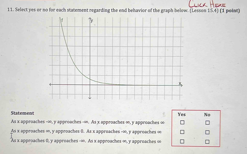 Select yes or no for each statement regarding the end behavior of the graph below. (Lesson 15.4) (1 point)
Statement Yes No
As x approaches -∞, y approaches -∞. As x approaches ∞, y approaches ∞
As x approaches ∞, y approaches 0. As x approaches -∞, y approaches ∞
As x approaches 0, y approaches - ∞. As x approaches ∞, y approaches ∞