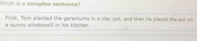 Which is a complex sentence? 
First, Tom planted the geraniums in a clay pot, and then he placed the pot on 
a sunny windowsill in his kitchen.