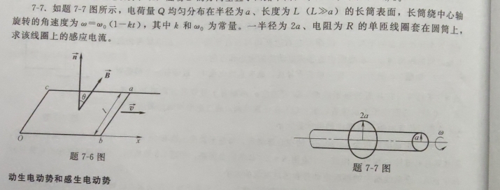 7-7. 7 -7 ， Q a、 L (Lgg a) ，
omega =omega _0(1-kt) ， k omega _0 。 2a 、 R ，
。
π
vector B
C
a
 vector v
0
b 7
7-6