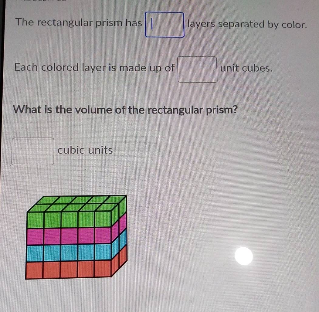 The rectangular prism has | layers separated by color. 
Each colored layer is made up of □ unit cubes. 
What is the volume of the rectangular prism?
□ cubic units