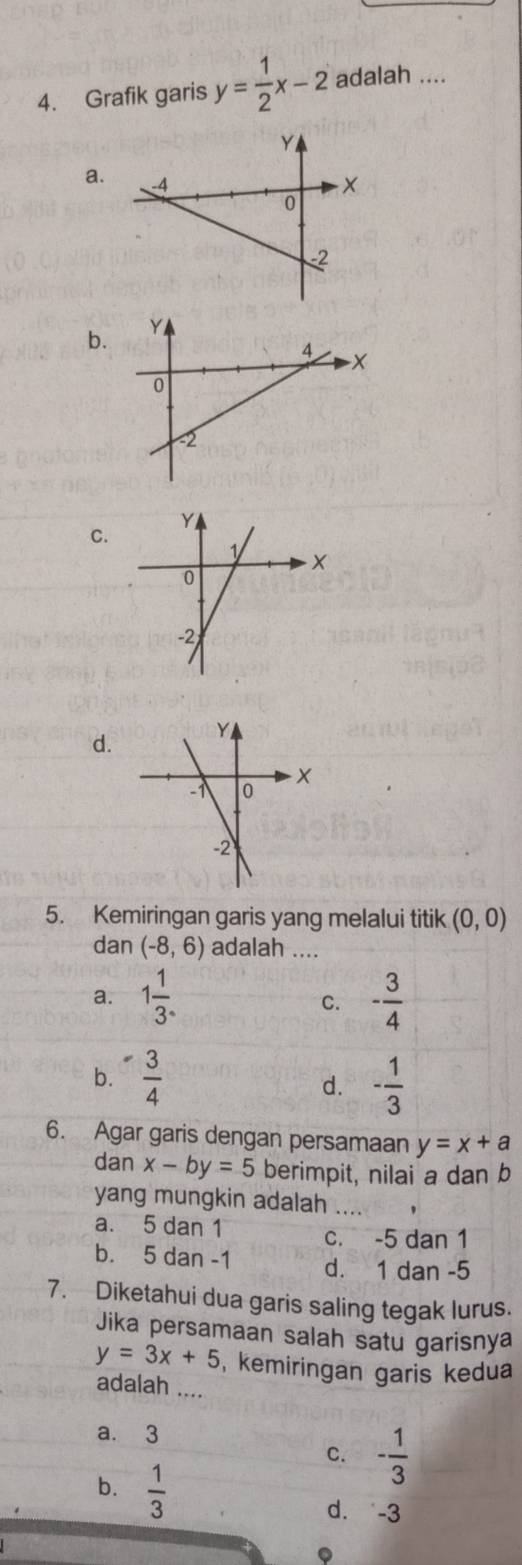 Grafik garis y= 1/2 x-2 adalah ....
a.
b.
C.
d.
5. Kemiringan garis yang melalui titik (0,0)
dan (-8,6) adalah ....
a. 1 1/3 . - 3/4 
C.
-
b.  3/4  - 1/3 
d.
6. Agar garis dengan persamaan y=x+a
dan x-by=5 berimpit, nilai a dan b
yang mungkin adalah ... ,
a. 5 dan 1 c. -5 dan 1
b. 5 dan -1 d. 1 dan -5
7. Diketahui dua garis saling tegak lurus.
Jika persamaan salah satu garisnya
y=3x+5 , kemiringan garis kedua
adalah ....
a. 3
C. - 1/3 
b.  1/3 
d. -3
。