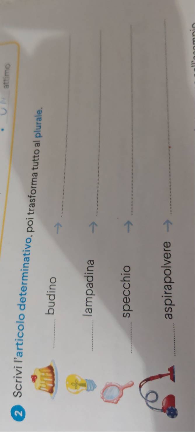 、 _attimo 
2 Scrivi l’articolo determinativo, poi trasforma tutto al plurale. 
_ 
_budino 
_ 
_lampadina 
_specchio 
_ 
_aspirapolvere_