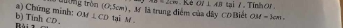 đường tròn .Kẻ OI⊥ AB tại 1. Tính 01. 
a) Chứng minh: (O;5cm) , M là trung điểm của dây CDBiết OM=3cm. 
b) Tinh CD. OM⊥ CD tại M
Bài