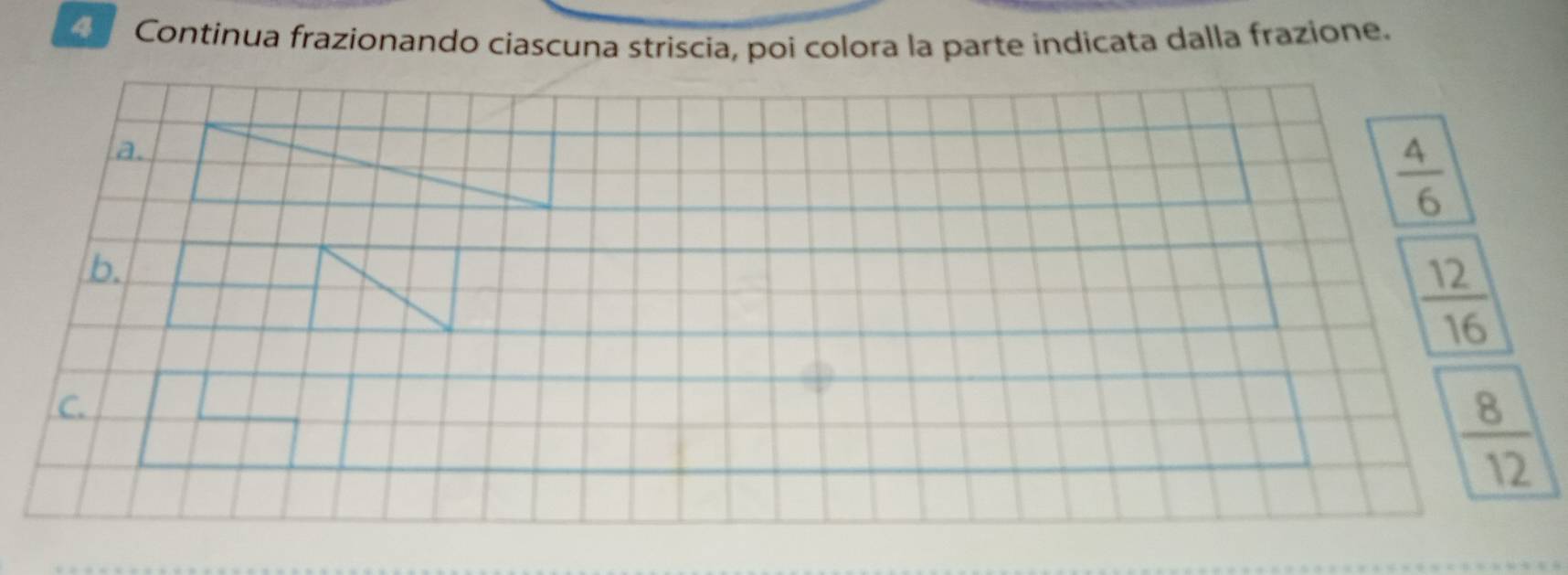 Continua frazionando ciascuna striscia, poi colora la parte indicata dalla frazione. 
a.
 4/6 
b.
 12/16 
c.
 8/12 