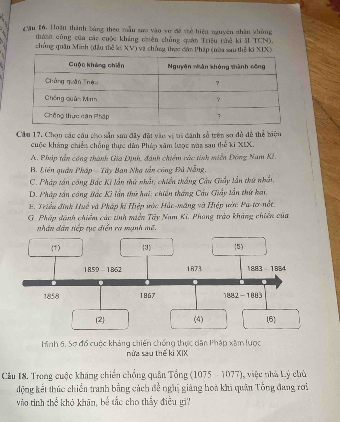 Hoàn thành bảng theo mẫu sau vào vở để thể hiện nguyên nhân không
thành công của các cuộc kháng chiến chống quân Triệu (thế ki II TCN),
chống quân Minh (đầu thế ki XV) và chống thực dân Pháp (nửa sau thế ki XIX).
Câu 17. Chọn các câu cho sẵn sau đây đặt vào vị trí đánh số trên sơ đồ đề thể hiện
cuộc kháng chiến chống thực dân Pháp xâm lược nửa sau thế ki XIX.
A. Pháp tấn công thành Gia Định, đánh chiếm các tỉnh miền Đông Nam Kì.
B. Liên quân Pháp - Tây Ban Nha tấn công Đà Nẵng.
C. Pháp tấn công Bắc Kì lần thứ nhất; chiến thắng Cầu Giấy lần thứ nhất.
D. Pháp tần công Bắc Kì lần thứ hai; chiến thắng Cầu Giấy lần thứ hai.
E. Triều đình Huể và Pháp kí Hiệp ước Hác-măng và Hiệp ước Pa-tơ-nốt.
G. Pháp đánh chiếm các tinh miền Tây Nam Kì. Phong trào kháng chiến của
nhân dân tiếp tục diễn ra mạnh mẽ.
Hình 6. Sơ đồ cuộc kháng chiến chống thực dân Pháp xâm lược
nửa sau thế kì XIX
Câu 18. Trong cuộc kháng chiến chống quân Tống (1075 -- 1077), việc nhà Lý chủ
động kết thúc chiến tranh bằng cách đề nghị giảng hoà khi quân Tống đang rơi
vào tình thế khó khăn, bế tắc cho thấy điều gì?