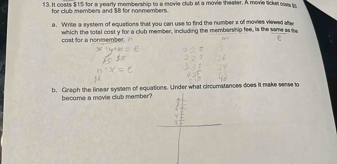 It costs $15 for a yearly membership to a movie club at a movie theater. A movie ticket costs $5
for club members and $8 for nonmembers. 
a. Write a system of equations that you can use to find the number x of movies viewed after 
which the total cost y for a club member, including the membership fee, is the same as the 
cost for a nonmember. 
b. Graph the linear system of equations. Under what circumstances does it make sense to 
become a movie club member