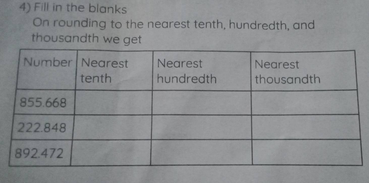 Fill in the blanks 
On rounding to the nearest tenth, hundredth, and 
thousandth we get