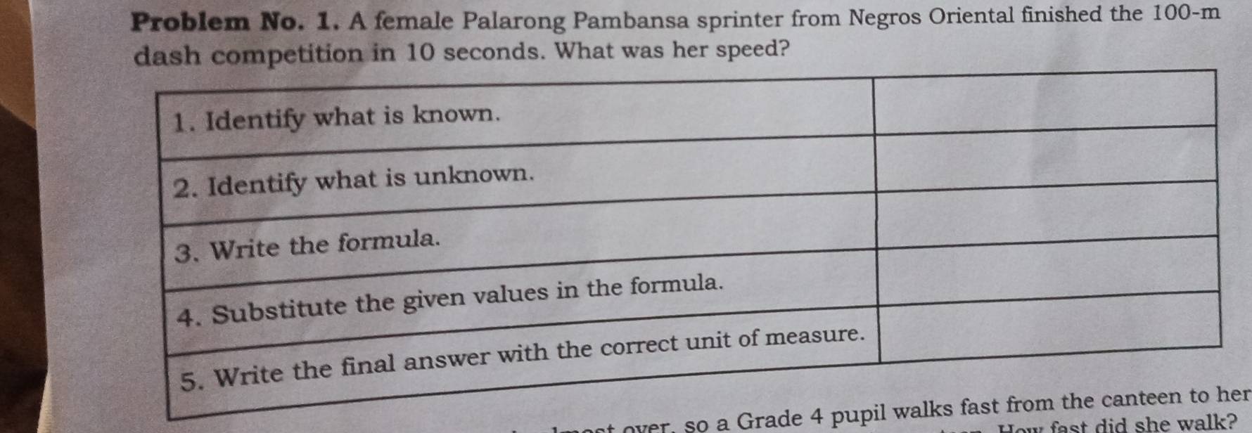 Problem No. 1. A female Palarong Pambansa sprinter from Negros Oriental finished the 100-m
dash competition in 10 seconds. What was her speed? 
at over, so a Grade 4 pupiler 
How fast did she walk?