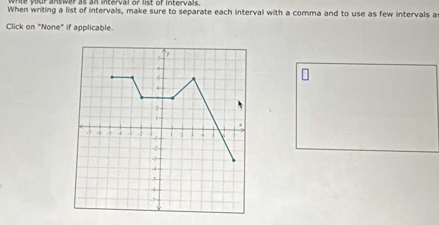 write your answer as an interval or list of intervals. 
When writing a list of intervals, make sure to separate each interval with a comma and to use as few intervals a 
Click on "None" if applicable.