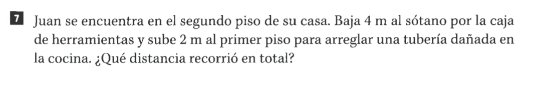 Juan se encuentra en el segundo piso de su casa. Baja 4 m al sótano por la caja 
de herramientas y sube 2 m al primer piso para arreglar una tubería dañada en 
la cocina. ¿Qué distancia recorrió en total?