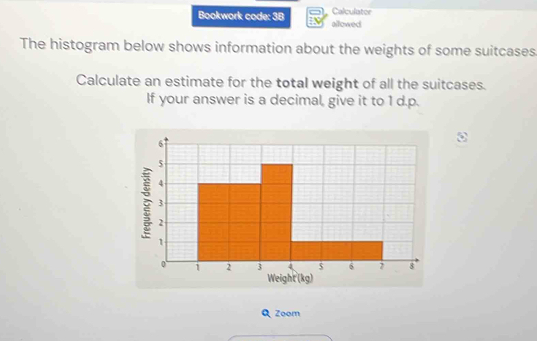 Calculater 
Bookwork code: 3B allowed 
The histogram below shows information about the weights of some suitcases 
Calculate an estimate for the total weight of all the suitcases. 
If your answer is a decimal, give it to 1 d.p. 
Weight (kg) 
Zoom