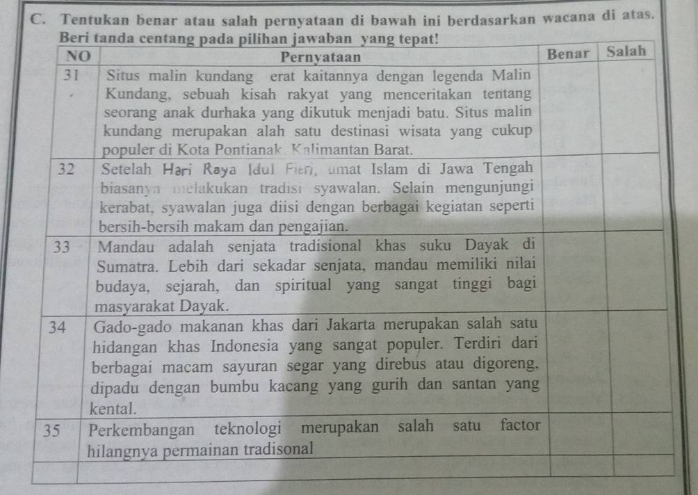 Tentukan benar atau salah pernyataan di bawah ini berdasarkan wacana di atas.