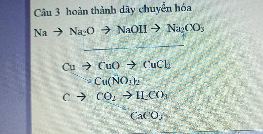 hoàn thành dãy chuyển hóa
Nato Na_2Oto NaOHto Na_2CO_3
□ □ 
□
Cuto CuOto CuCl_2
X_Y Cu(NO_3)_2
Cto CO_2to H_2CO_3
CaCO_3