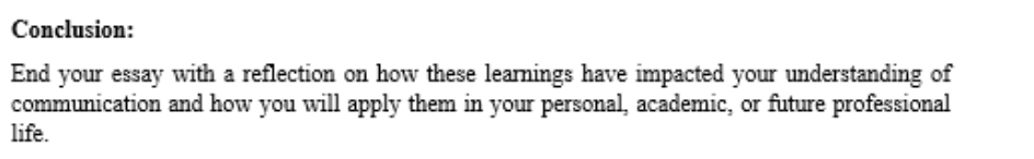 Conclusion: 
End your essay with a reflection on how these learnings have impacted your understanding of 
communication and how you will apply them in your personal, academic, or future professional 
life.