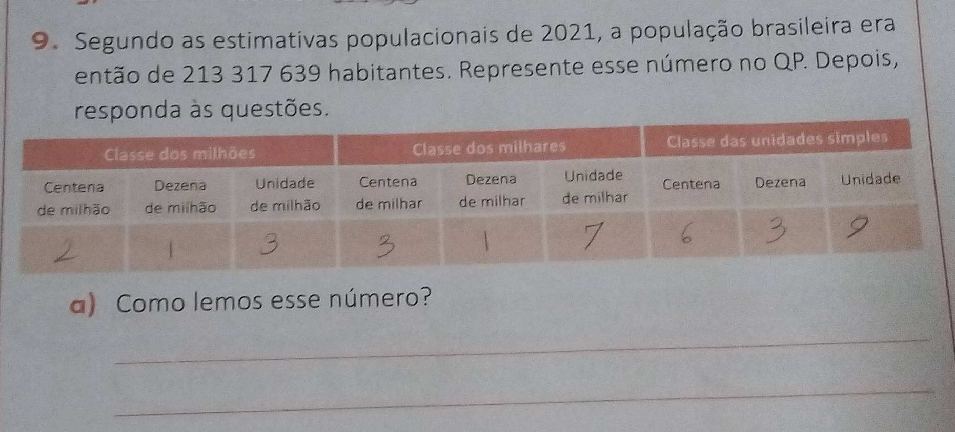 Segundo as estimativas populacionais de 2021, a população brasileira era 
então de 213 317 639 habitantes. Represente esse número no QP. Depois, 
responda às questões. 
a) Como lemos esse número? 
_ 
_