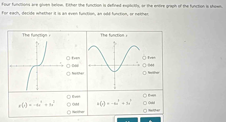 Four functions are given below. Either the function is defined explicitly, or the entire graph of the function is shown.
For each, decide whether it is an even function, an odd function, or neither.
Even Even
Odd Odd
Neither Neither
Even Even
g(x)=-6x^5+5x^2 Odd h(x)=-6x^5+5x^3 Odd
Neither Neither