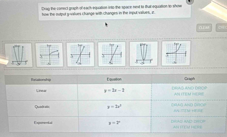 Drag the correct graph of each equation into the space next to that equation to show
how the output y -values change with changes in the input values, x.
CLEAR CHEC
5+v
3 3
Relationship Equation Graph
Linear y=2x-2 DRAG AND DROP
AN ITEM HERE
Quadratic y=2x^2 DRAG AND DROP
AN ITEM HERE
Exponential y=2^x DRAG AND DROP
AN ITEM HERE