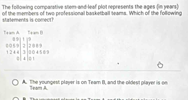 The following comparative stem-and-leaf plot represents the ages (in years)
of the members of two professional basketball teams. Which of the following
statements is correct?
Team A Team B
beginarrayr 0.091 0 0.059 1244 3004589 401 0endarray
A. The youngest player is on Team B, and the oldest player is on
Team A.
D Th