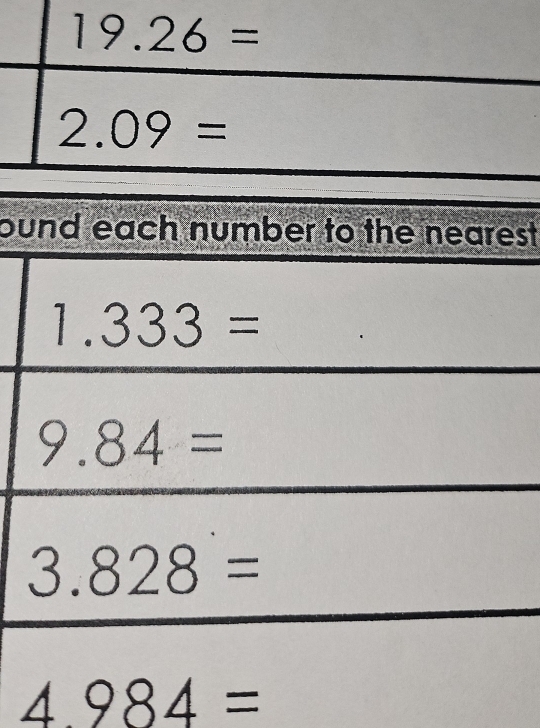 19.26=
2.09=
ound each number to the nearest
1.333=
9.84=
3.828=
4.984=