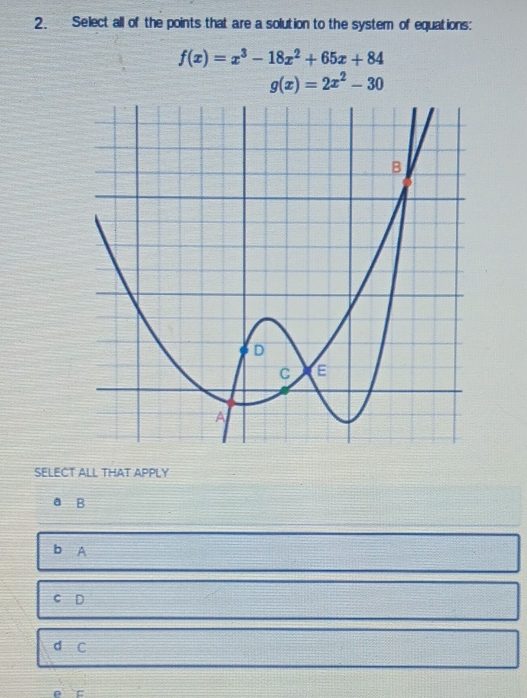 Select all of the points that are a solution to the system of equations:
f(x)=x^3-18x^2+65x+84
g(x)=2x^2-30
SELECT ALL THAT APPLY
a B
b A
C D
d C