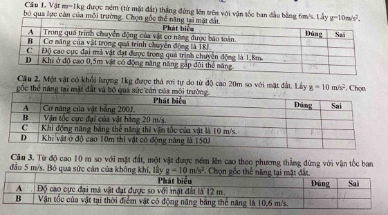 Vật m=1kg được ném (từ mặt đất) thắng đứng lên trên với vận tốc ban đầu bằng 6
bỏ qua lực cản của môi
Câu 2. Một vật có khổi lượng 1kg được thả rơi tự do từ độ cao 20m so với mặt đất. Lấy g=10m/s^2. Chọn
gốc thế năng tại mặt đất và bỏ 
Câu 3. Từ độ cao 10 m so với mặt đất, một vật được ném lên cao theo phương thẳng đứng với vận tốc ban
đầu 5 m/s. Bỏ qua sức cản của không khí, lấy g=10m/s^2