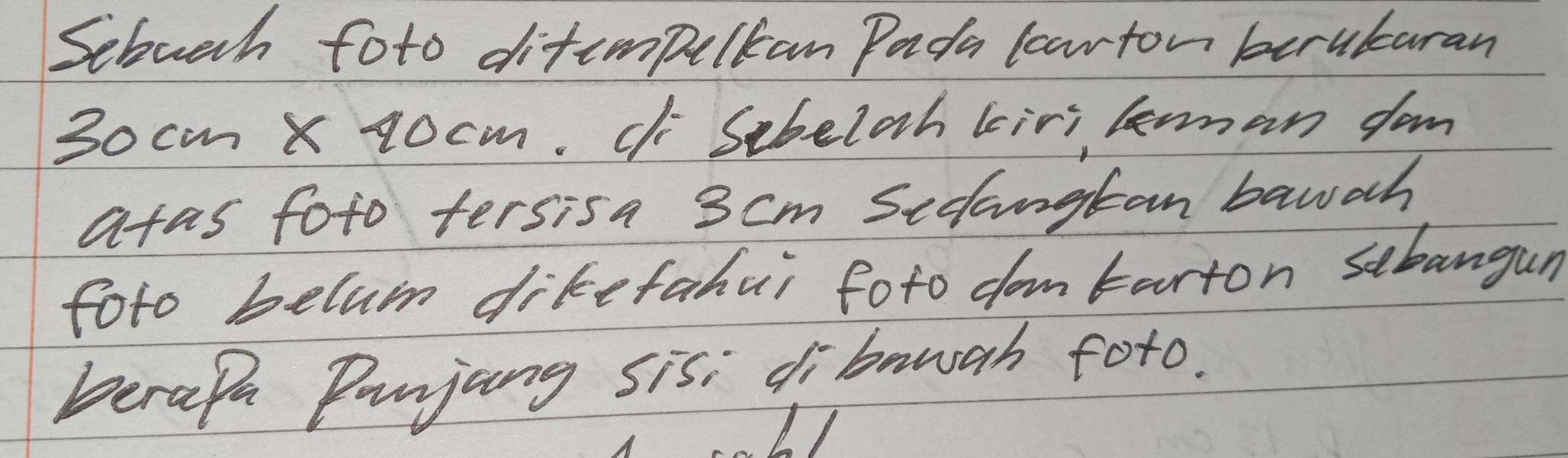 Sebuch toto difempulkan Pada learton berulearan
30cm X 40cm. ci Sebeloh kiri lerman dom 
atas foto tersisa 3 cm Sedangtan bawah 
foto belum dikefahui foto dom tarton sebangun 
berapa Danjang sis; di bauah foto.