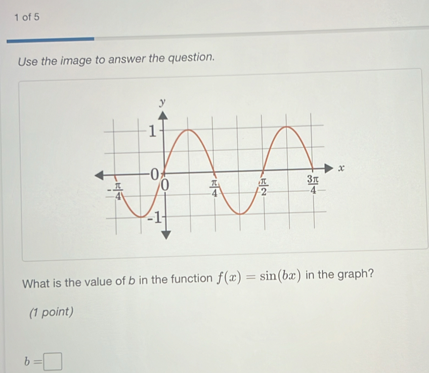 of 5
Use the image to answer the question.
What is the value of b in the function f(x)=sin (bx) in the graph?
(1 point)
b=□