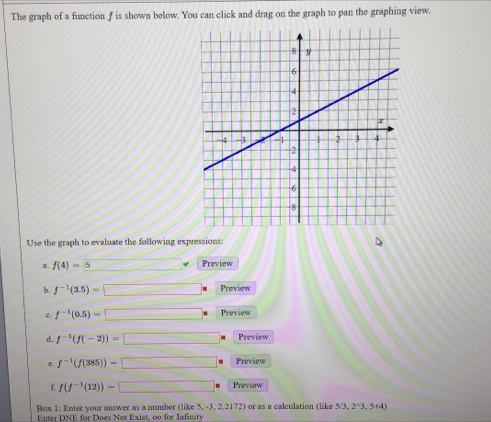 The graph of a function f is shown below. You can click and drag on the graph to pan the graphing view. 
Use the graph to evaluate the following expressions: 
, f(4)= 5 Preview 
b, f^(-1)(3.5)=□ Preview 
c. f^(-1)(0.5)=□ Preview 
d. f^(-1)(f(-2))=□ Preview 
e. f^(-1)(f(385))=□ Proview 
f f(f^(-1)(12))=□ Preview 
Box 1: Enter your answer as a number (like 5, -3, 2.2172) or as a calculation (like 5/3,2^(wedge)3,5+4)
Enter DNE for Does Not Exist, oo for Inficaty