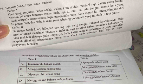 Bacalah dua kutipan cerita berikut! 
Kata yang empunya cerita adalah seekor kera duduk menjadi raja dalam suatu hutan. 
Cerita I Setelah beberapa lamanya memerintah, raja itu pun tua, lalu bangun seekor kera yang 
muda daripada keturunannya juga, mengalahkannya. Kera itupun lari mengasingkan diri 
ke pinggir laut, dan disitu ia diam pada sebatang pohon ara yang tumbuh di tepi pantai. 
Di zaman Mesir kuno, hiduplah seorang raja yang sangat terkenal keadilannya. Raja 
Cerita II 
tersebut sangat mencintai rakyatnya. Bahkan, raja tersebut dalam mencinta keluarganya 
tidak melebihi cintanya pada rakyatnya. Jadi, kalau anggota keluarganya yang bersalah 
tetaplah dihukum sebagaimana orang lain. Yang lebih istimewa lagi, raja ini juga 
penyayang binatang.