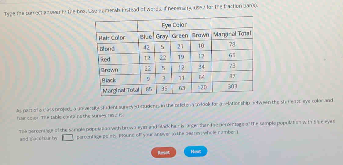 Type the correct answer in the box. Use numerals instead of words. If necessary, use / for the fraction bar(s). 
As part of a class project, a university student surveyed students in the cafeteria to look for a relationship between the students' eye color and 
hair color. The table contains the survey results. 
The percentage of the sample population with brown eyes and black hair is larger than the percentage of the sample population with blue eyes 
and black hair by percentage points. (Round off your answer to the nearest whole number.) 
Reset Next