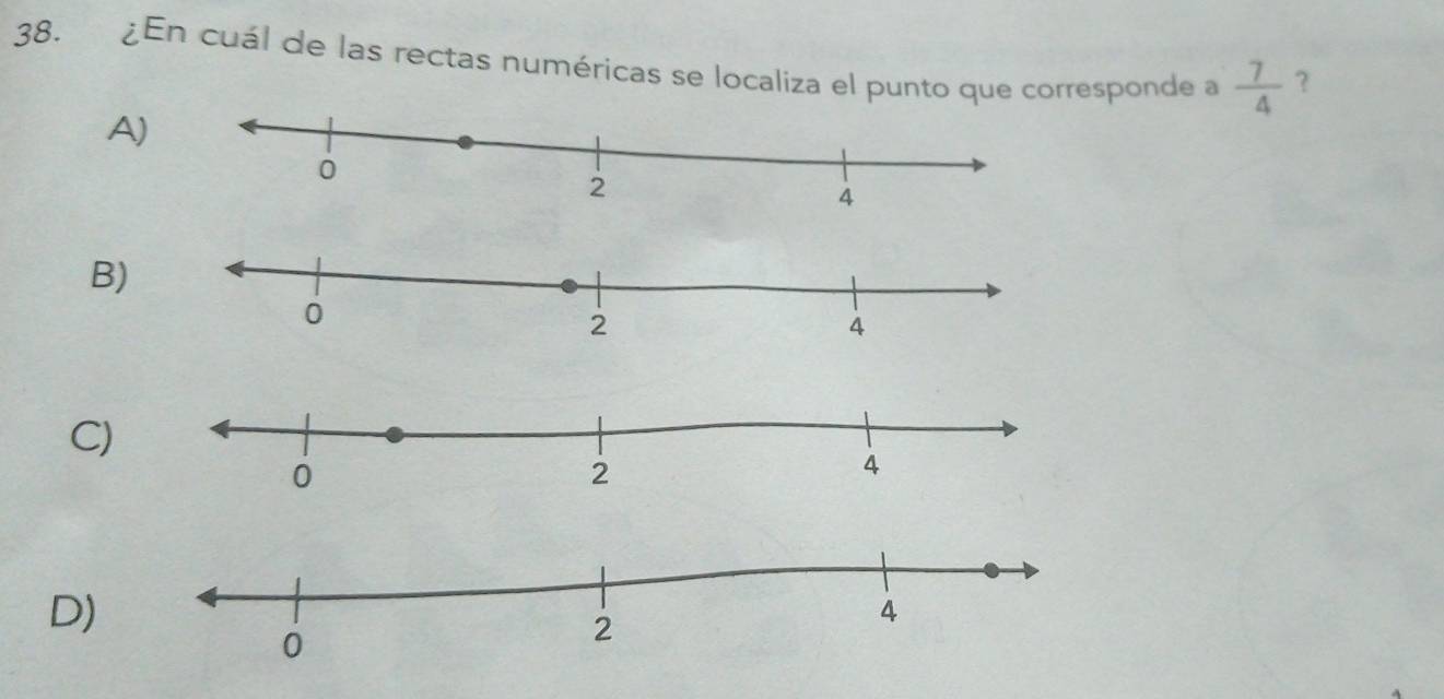 ¿En cuál de las rectas numéricas se localiza el punto que corresponde a  7/4  ?
A)
B)
C)
D)